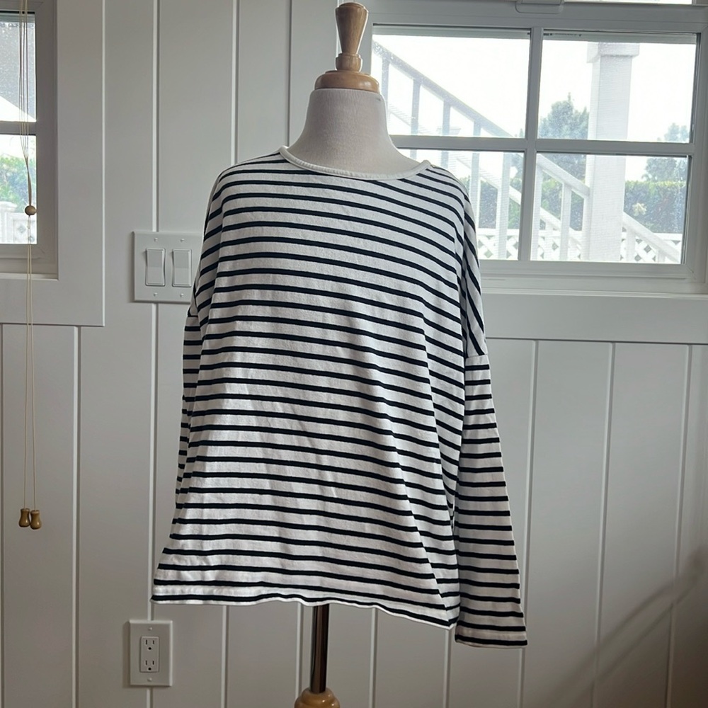 Navy blue and white striped long sleeve shirt